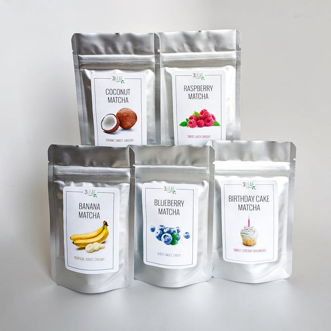Coconut, raspberry, banana, blueberry, cake matcha
