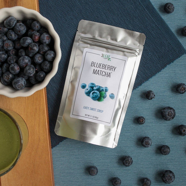 3 Leaf Tea Blueberry Matcha Bag Surrounded with blueberries