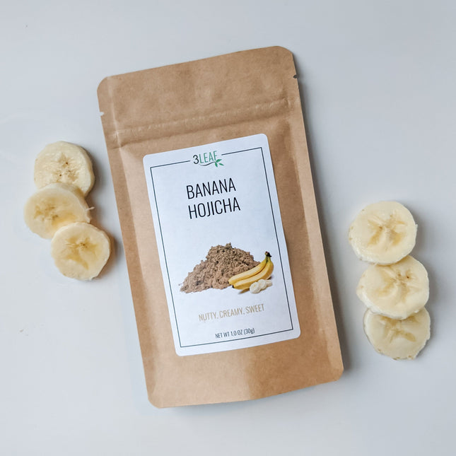 Banana Hojicha Bag Surrounded by banana slices
