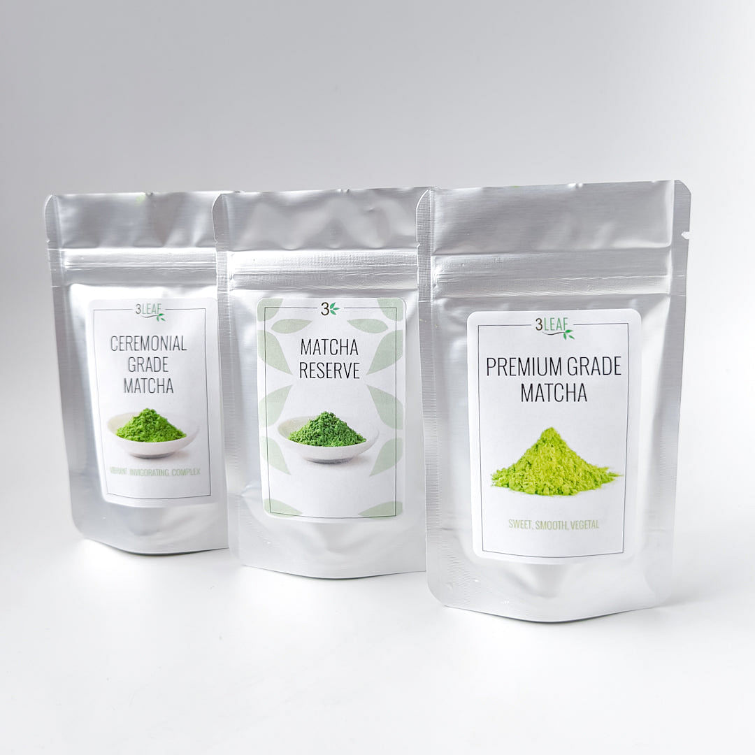 Ceremonial Grade, Matcha Reserve, and Premium Grade Matcha with sifter, bamboo whisk, and whisk holder