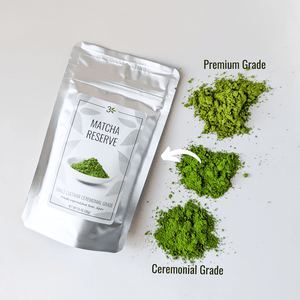 Matcha Reserve with comparison of premium and ceremonial grade matcha