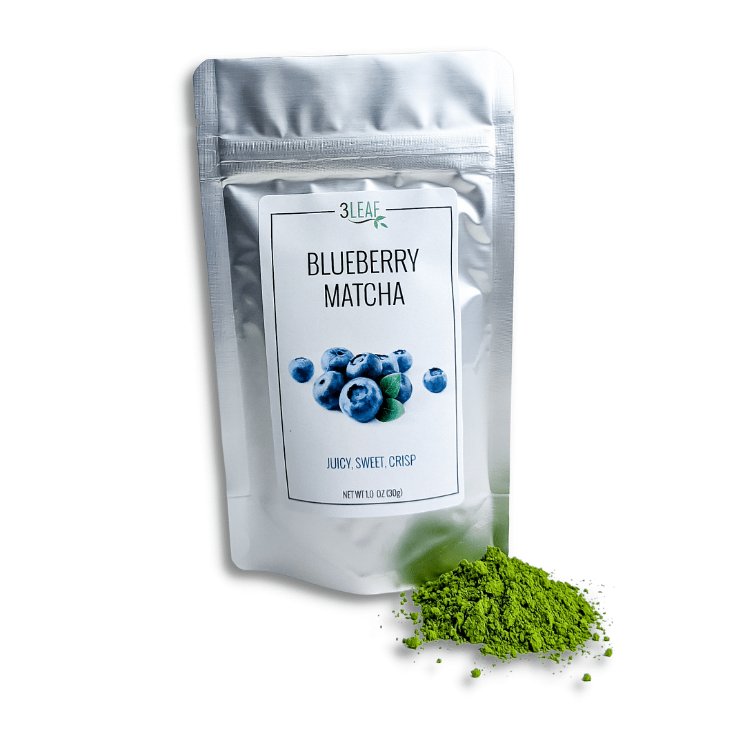 3 Leaf Tea Blueberry Matcha Bag Surrounded with blueberries